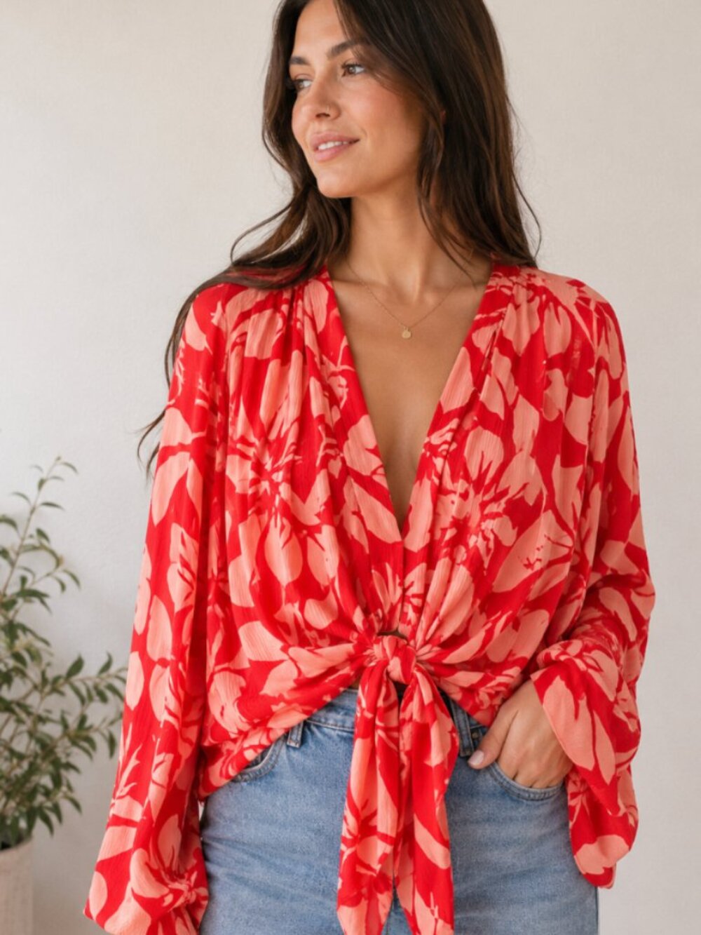 Amuse Red and Pink Floral Tie-Front Blouse